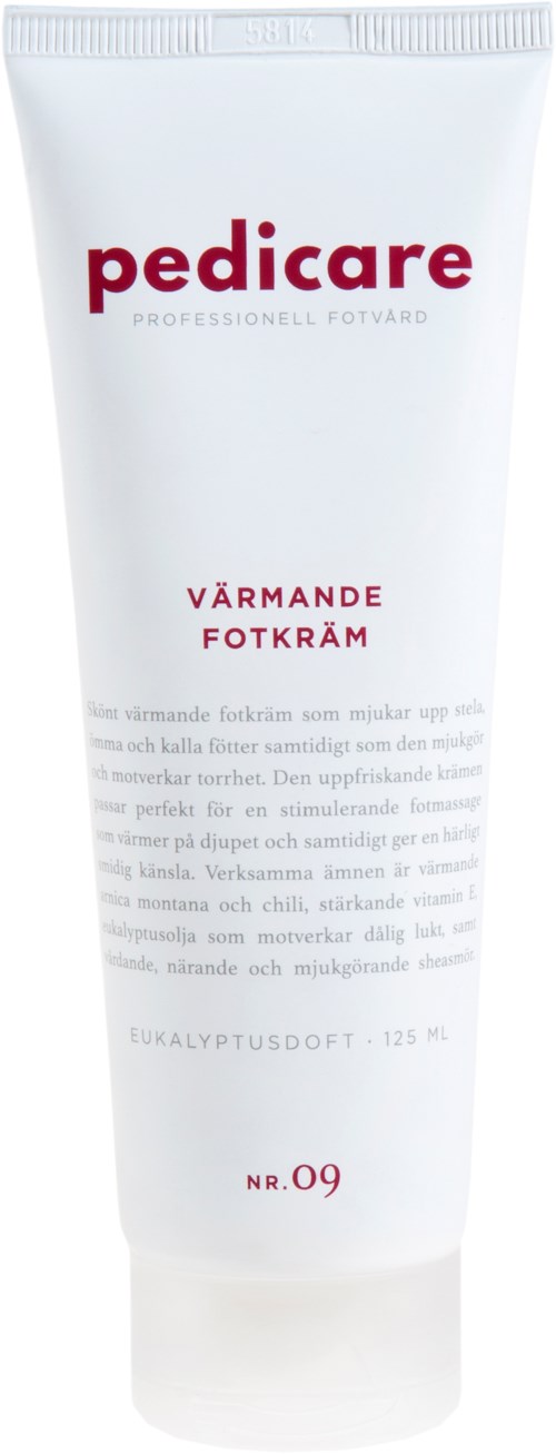 Pedicare varmende fodcreme i et hvidt tube med rød tekst, mærket 'Varmende fodcrème' og 'NR.09', 125 ml.