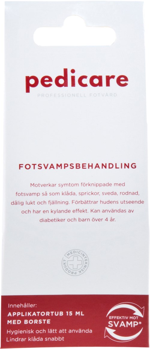 En hvid æske mærket 'pedicare' med tekst om behandling af fodsvamp og en rød cirkel der indikerer effektivitet mod svamp.