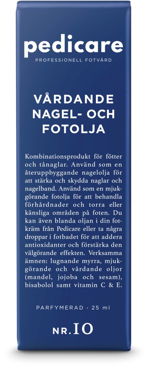 Blå box med vit text om nagel- och fotvård, nämner närande oljor och vitaminer för friska naglar och hud.