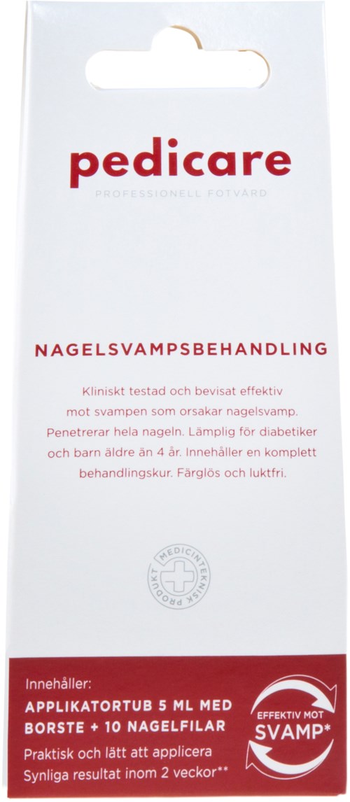 En hvid æske med rød tekst og logo, relateret til behandling af fodsvamp, indeholder instruktioner og effektivitetsudsagn.