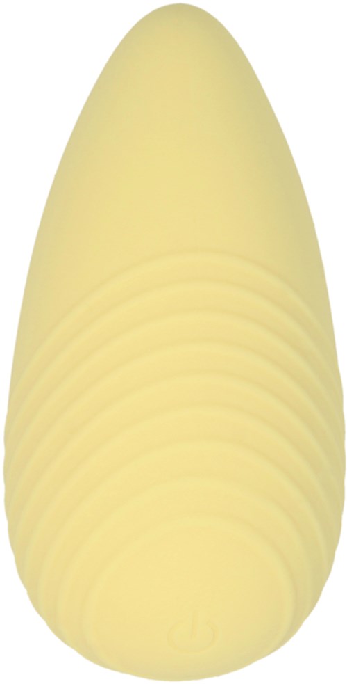 A yellow, cone-shaped object with ridges, resembling a garlic bulb or a decorative item.