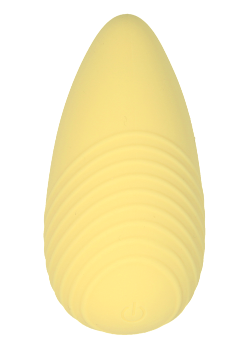 A yellow, textured, egg-shaped object with ridges, tapering to a point at the top.