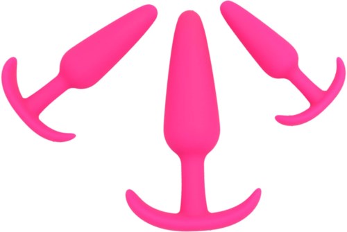 A pink silicone sex toy with three different shapes, designed for pleasure and stimulation.