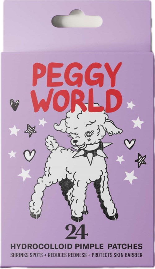 En lillaeske med en søt sau, stjerner og hjerter. Tittelen sier "Peggy World." Inneholder 24 hydrokolloid kviserputer.