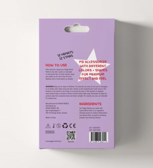 Baksiden av en lilla eske med instruksjoner, advarsler, ingredienser, produksjonsdetaljer og strekkode.