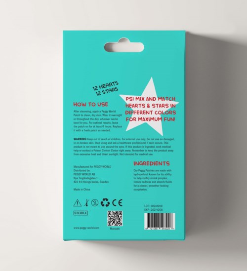 Instruksjoner for å matche hjerter og stjerner i ulike farger for moro, inkluderer ingredienser og advarselsdetaljer.