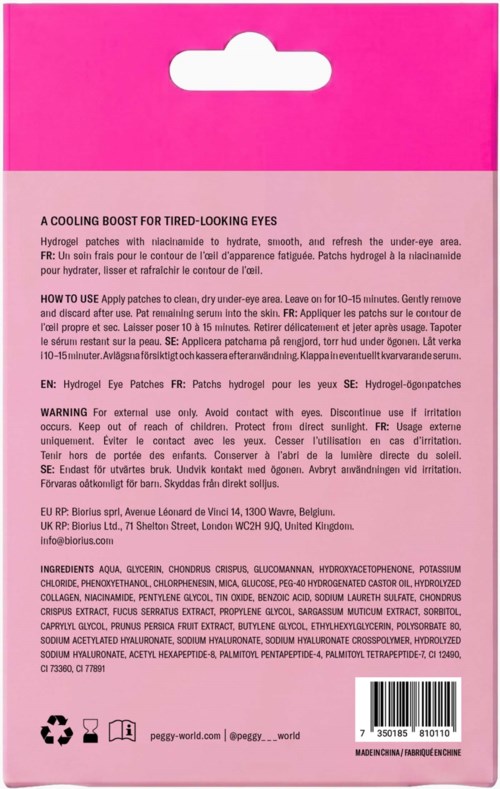 Förpackning för hydrogelögonlappar, rosa och vit box med produktbeskrivning på flera språk.
