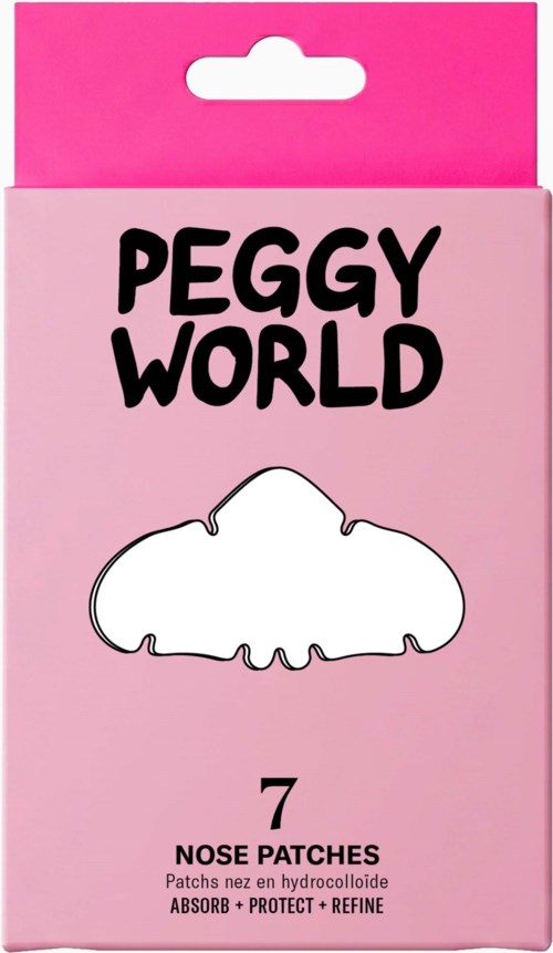 Vårdförpackning i rosa med svart text säger Peggy World Näsplåster, främjar absorption, skydd och förbättring av huden.