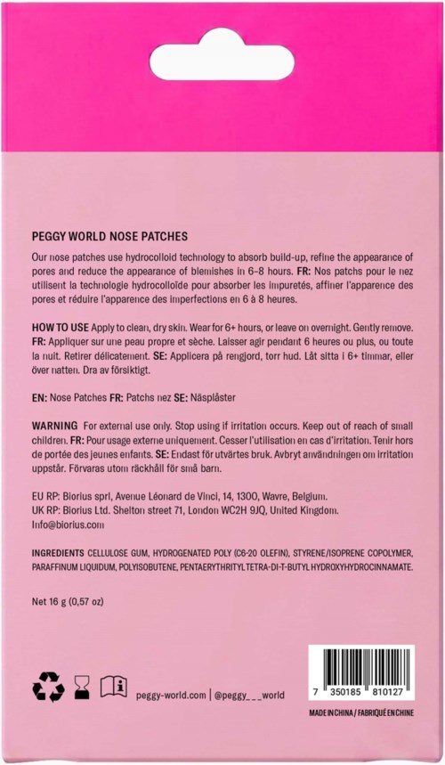 Rosa förpackning för Peggy World Nose Patches, med instruktioner och ingredienser i liten svart text.