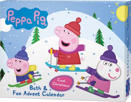 Peppa Pig-figurer har vinterroligt med skidåkning, skridskoåkning och snöbollskrig på ett snöigt berg. Kallt jul-tema.