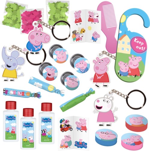 Nyckelringar, klistermärken, hårborste och badprodukter med Peppa Pig. Ljusa färger och tecknade figurer från Peppa Pig.