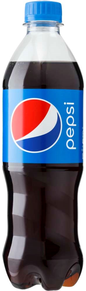 Plastowa butelka Pepsi z niebieską nakrętką i etykietą z logo Pepsi i nazwą.