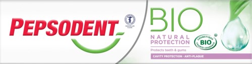 Pepsodent Bio-tandkräm ger naturligt skydd för tänder och tandkött, med fokus på karies och plackborttagning.
