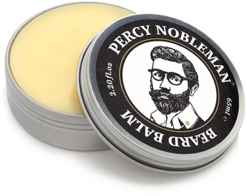 Eine Dose Bartbalsam mit einem Etikett eines Barttragenden Mannes in Brillen und dem Schriftzug 'Percy Nobleman'.