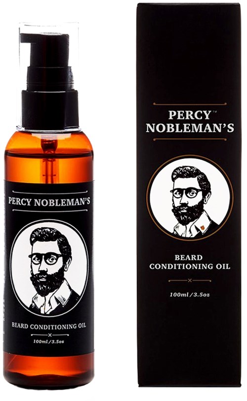 Eine kleine bernsteinfarbene Flasche und eine schwarze Schachtel, beide mit Percy Nobleman's Bartpflegeöl etikettiert, mit einem Bartmann Illustration.