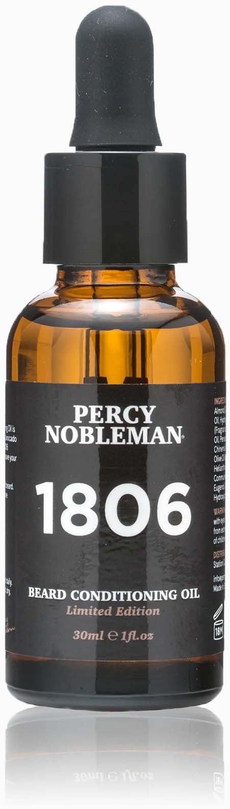 Kleine braune Glasflasche mit schwarzem Tropfverschluss, beschriftet Percy Nobleman Bartöl, 30ml.