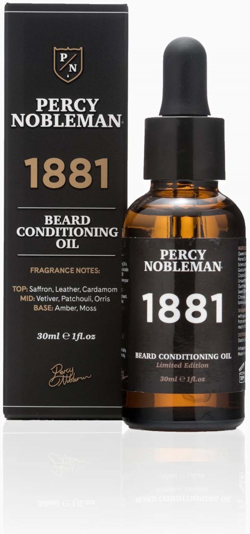 Kleine bernsteinfarbene Flasche mit schwarzem Tropfer vor einer schwarzen Verpackung, beide beschriftet Percy Nobleman 1881 Beard Conditioning Oil.