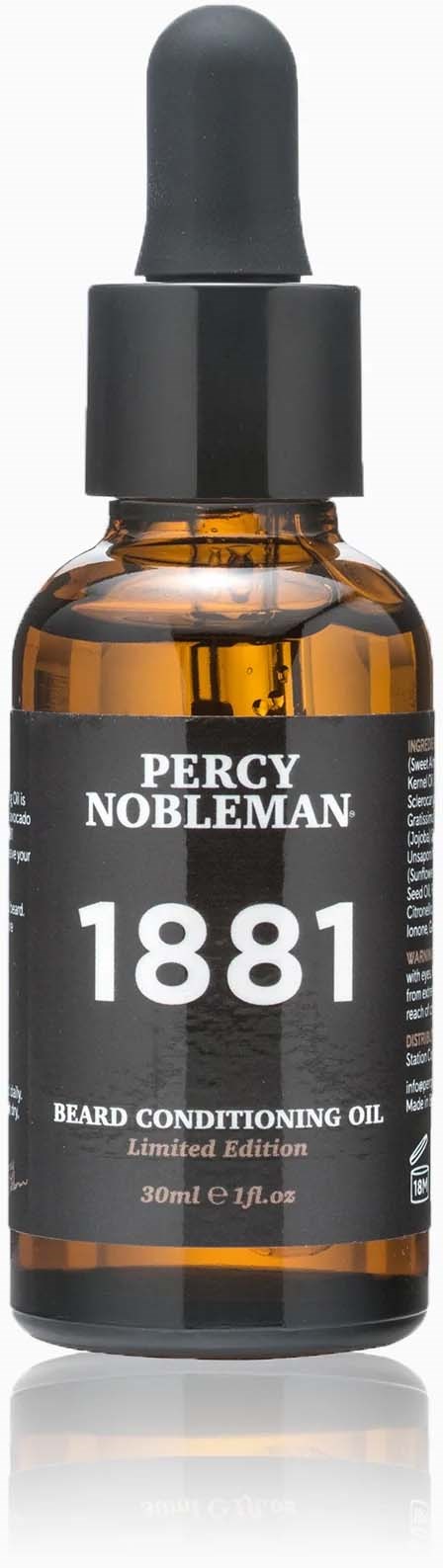 Braune Flasche mit schwarzem Etikett, weißem Text und Tropfer. Es ist Percy Nobleman Bartpflegeöl, limitierte Edition.