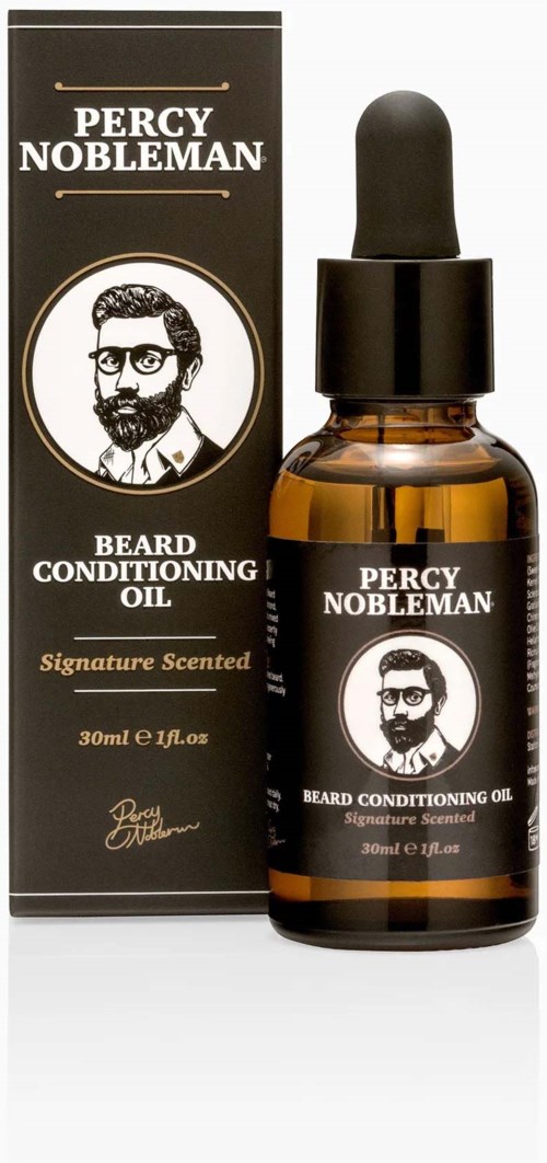 Flasche und Box mit Percy Nobleman Bartpflegeöl, Signature Duft, 30ml.