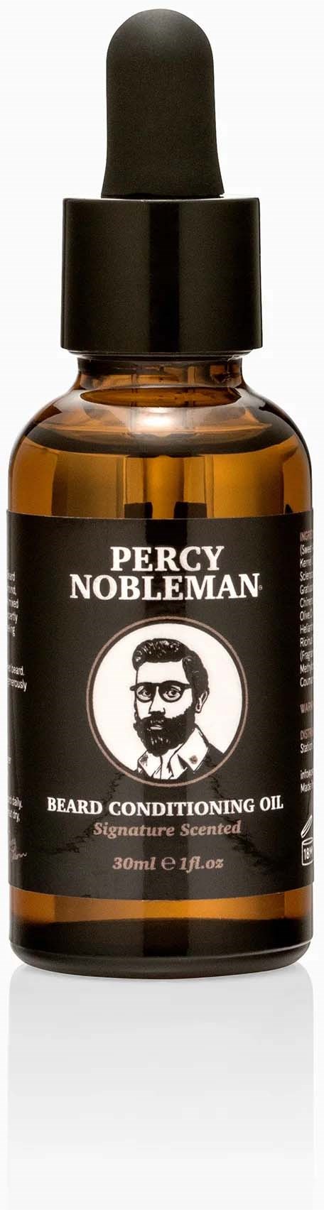 Bernsteinfarbene Flasche mit schwarzem Tropferdeckel, Beschriftung zeigt Percy Nobleman Bartöl mit Abbildung eines Mannes.