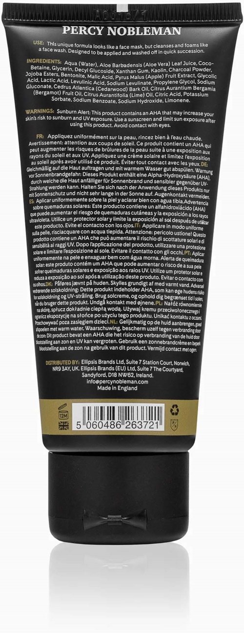 Ein schwarzer Tubus mit Barcode und Text, zeigt Inhaltsstoffe und Produktinformationen, gekennzeichnet Percy Nobleman.