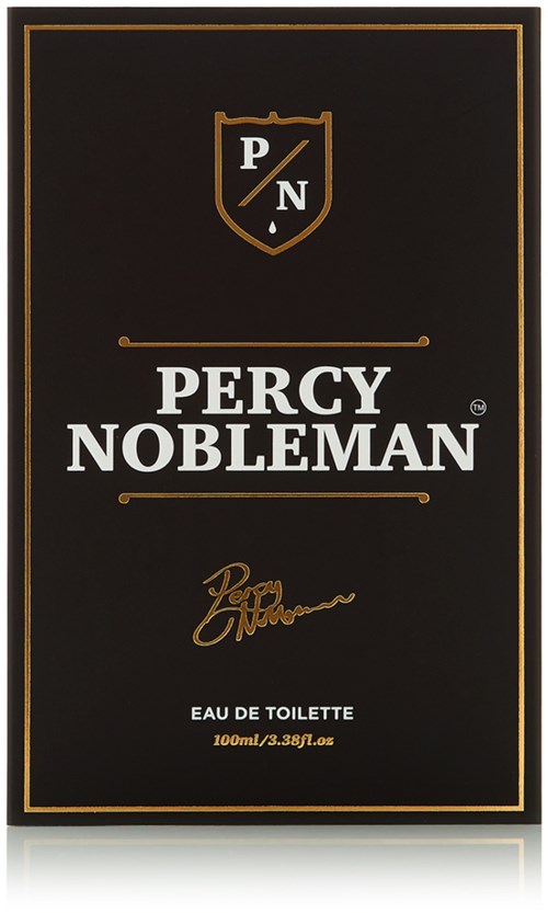 En parfymförpackning med svart bakgrund, guld linjer och vit text, visar Percy Nobleman-märket och logotypen.