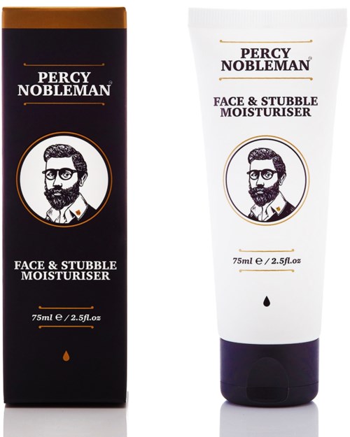 Svarte og hvite rør med Percy Nobleman-merket, med en tegnet mann med skjegg, for ansikts- og bartfuktighetskrem.