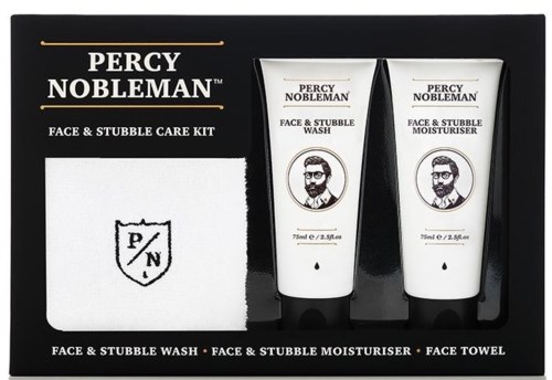 En pleiepakke med to rør ansiktsvask og fuktighetskrem, merket Percy Nobleman, i en svart eske.