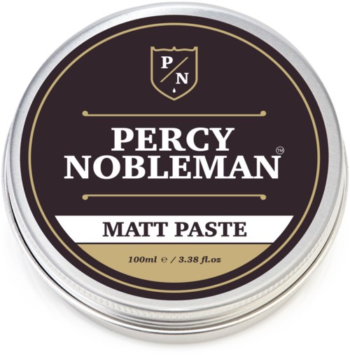 En rund burk med svart och guldig etikett, visar märket Percy Nobleman, produktnamnet Matt Paste och storleken.