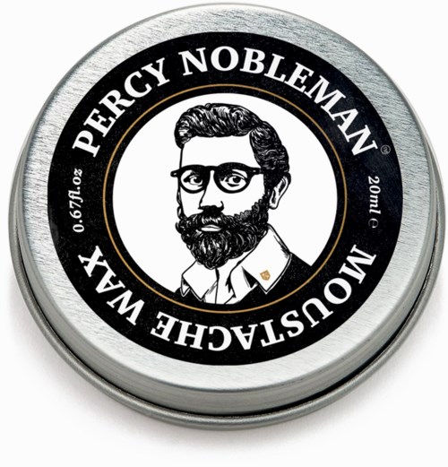 Een ronde container met een zwart en zilveren ontwerp toont een schets van een man met een bril en een baard. Het label bevat de namen Percy Nobleman en moustache wax.