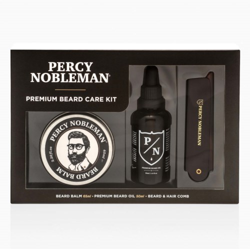 En Percy Nobleman rakvårdsset med skägbalsam, beardolja och kam i svart förpackning.
