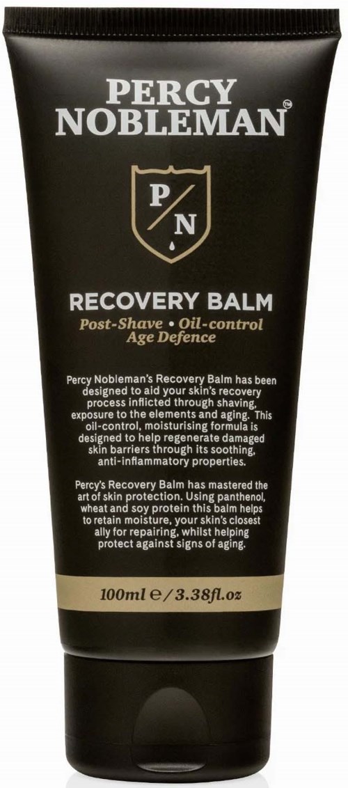 Schwarze Tube mit weißen und goldenen Text, beschriftet mit 'Percy Nobleman Recovery Balm', für Hautregeneration nach Rasur.