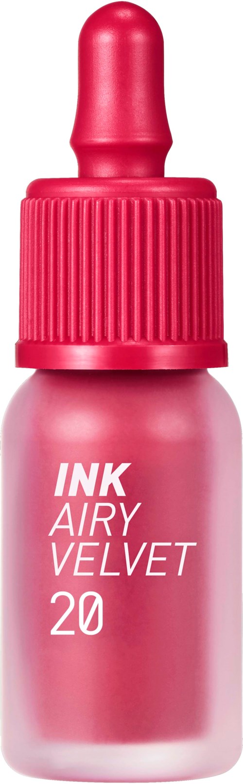 Ljusrosa nagellackflaska med droppkork, märkt 'INK AIRY VELVET 20'.