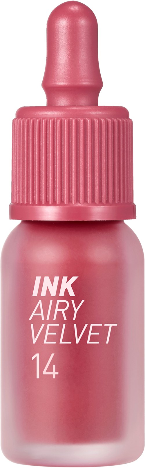 Pink ink bottle with a dropper cap, labeled 'INK AIRY VELVET 14' on the front.