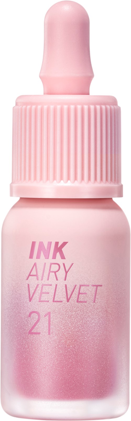 A small pink bottle with a dropper cap, labeled "INK AIRY VELVET 21," likely nail polish.