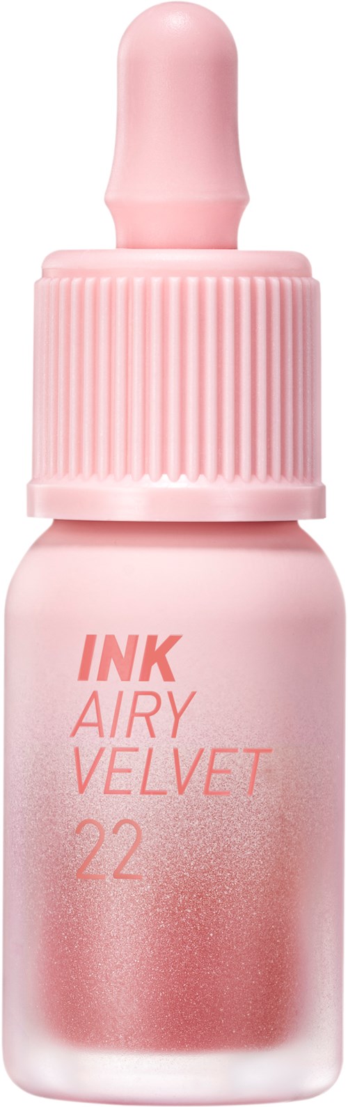 A small pink nail polish bottle with a dropper cap labeled 'INK AIRY VELVET 22' on the front.