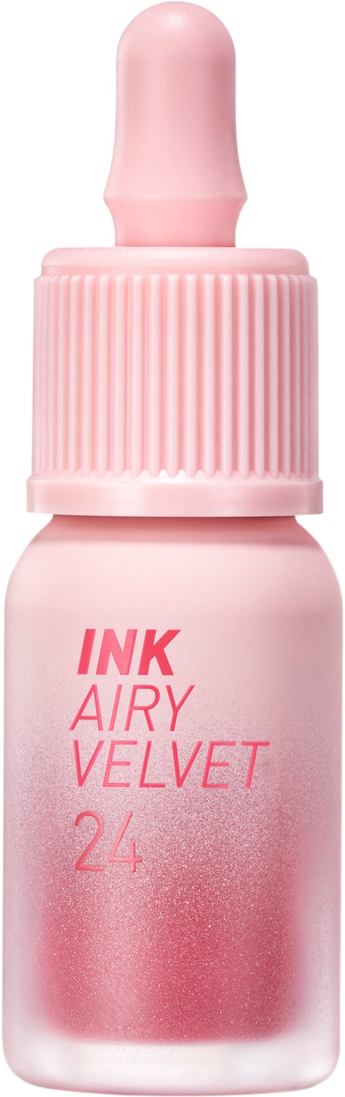 Pink bottle with a dropper, labeled 'INK AIRY VELVET 24,' likely makeup or cosmetic product.
