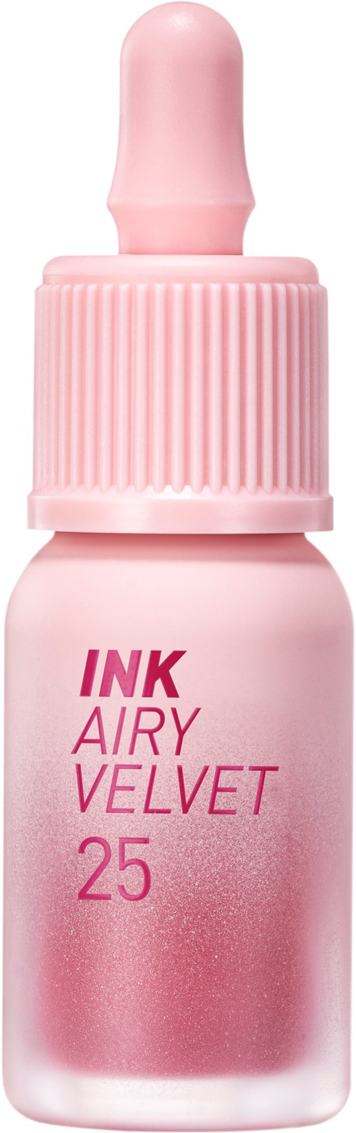 A pink bottle with a dropper labeled "INK AIRY VELVET 25" for makeup or skincare.
