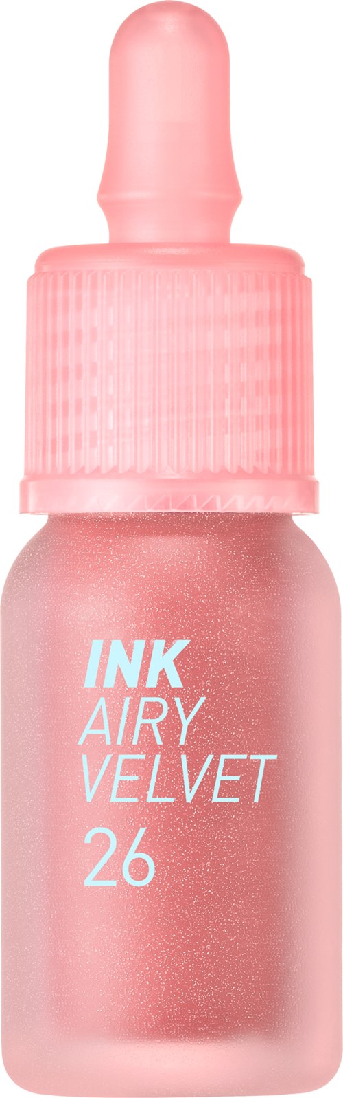 Pink bottle with a dropper, labeled 'INK AIRY VELVET 26,' likely a cosmetic product.