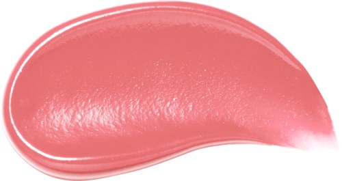 A pink, shiny, curved lip gloss or lipstick swatch with a glossy texture.