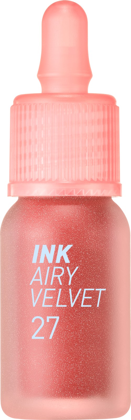 A small pink bottle with a dropper cap, labeled 'INK AIRY VELVET 27', likely a beauty product.