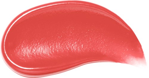 A red, shiny, curved blob of lip gloss or lipstick.