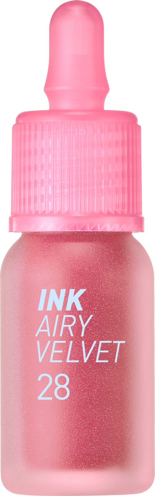 A pink bottle with a dropper cap labeled "INK AIRY VELVET 28." It looks like a makeup product.