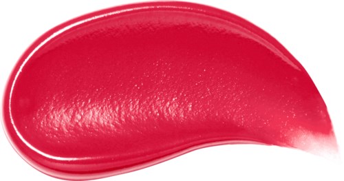 Red lipstick smear on a black background, with a shiny texture and curved shape.