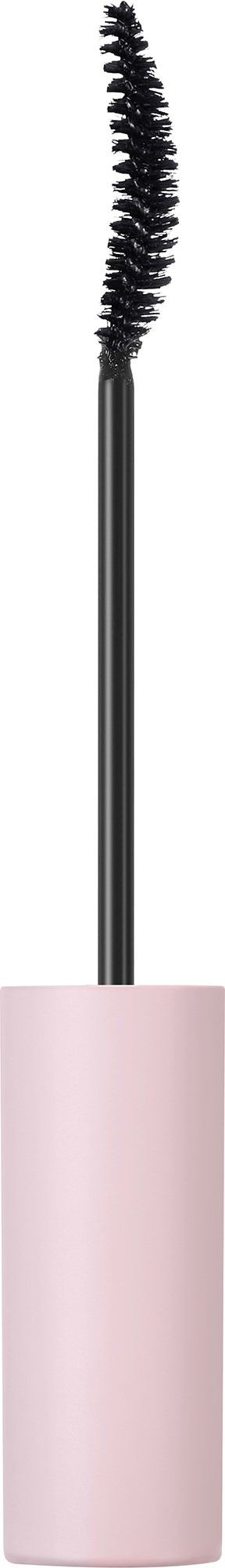 Eine Mascara-Bürste mit gebogenen schwarzen Borsten und einem rosa Griff.