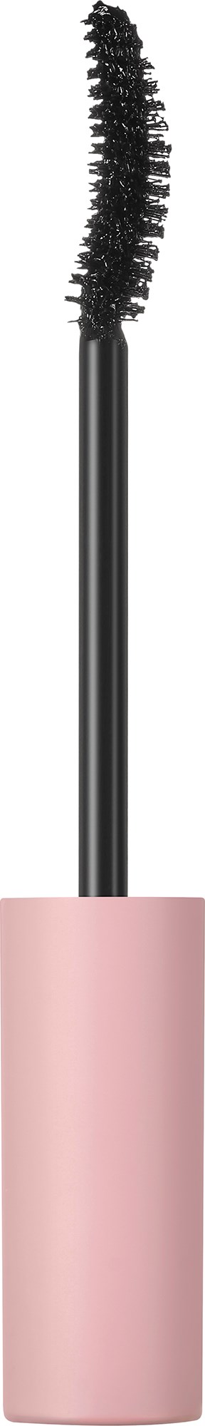 Een mascara kwast met een roze handvat en zwarte borstel, bedoeld om mascara op wimpers aan te brengen.