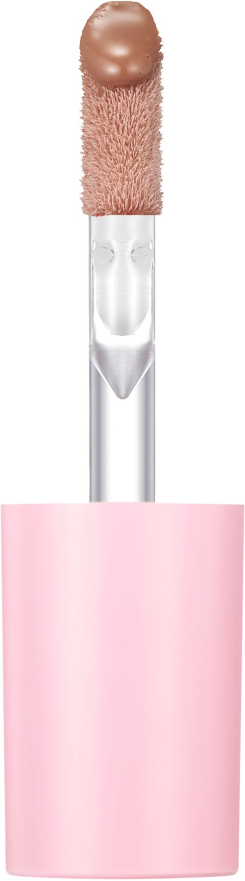 Een lipglossapplicator met een roze handvat en een sponskop bedekt met glanzende, bronskleurige gloss.