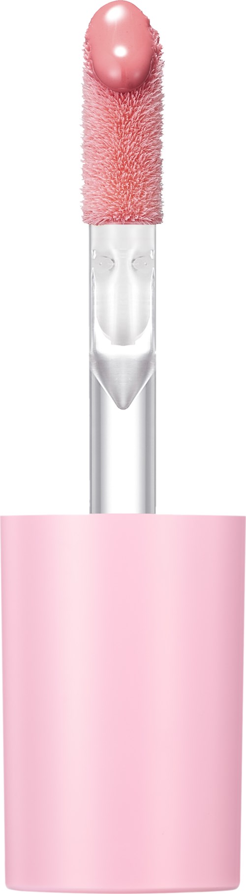 Een roze lipgloss met doe-foot applicator en een glanzende, ronde bovenkant.