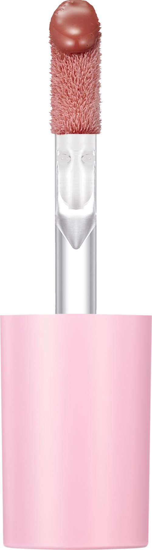 Een roze make-upapplicator met ronde tip en doorzichtige handvat.