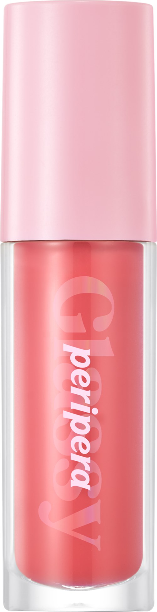 Roze lipgloss tube met een lichtroze dop en een Perversion V-logo op de voorkant.